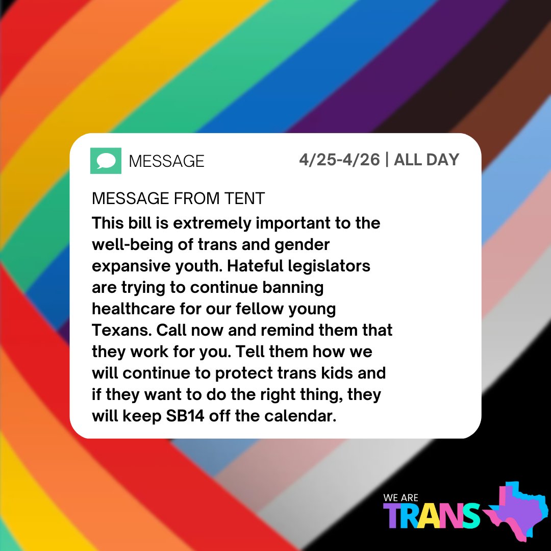 TransTexas's tweet photo. 🚨ACTION ALERT🚨
🗓️Mark your calendars!!!! Call the Calendars Committee today & tomorrow. They are currently deciding whether or not they will move SB 14 to the House Floor for debate.
#transtexas #transrights #transtexansfightback #txlege https://t.co/9s1Vaq1lC8