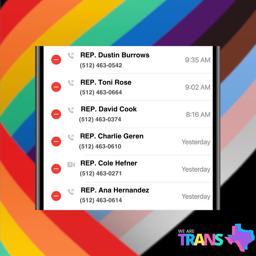TransTexas's tweet photo. 🚨ACTION ALERT🚨
🗓️Mark your calendars!!!! Call the Calendars Committee today & tomorrow. They are currently deciding whether or not they will move SB 14 to the House Floor for debate.
#transtexas #transrights #transtexansfightback #txlege https://t.co/9s1Vaq1lC8