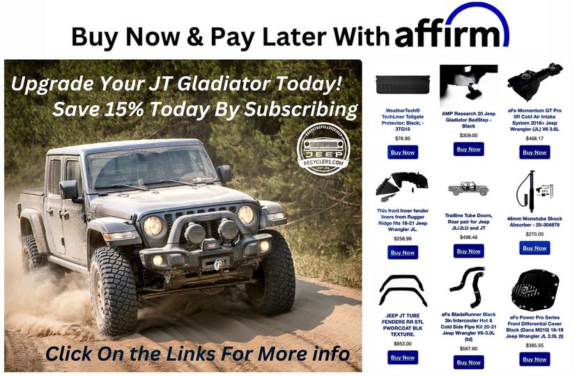 Need JT parts? Reach out and put us to work 💪

#offroad #jeepaccessories #wagoneer #fullsizejeep #Jeepjeep #jeepparts #jeepgladiator  #jeeppickup #jeepoffroad #overlanding #jeeprecyclers #automotiverestoration #gladiator #jeepgladiator #gladiatorjt #jeepjt #jtgladiator