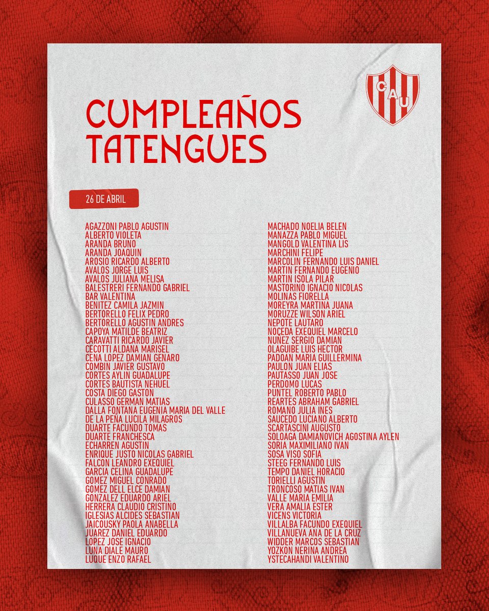 clubaunion's tweet photo. 🎂 Unión saluda a sus socios y socias que cumplen años hoy.
¡Felicidades! 🔴⚪ 
#SociosTatengues #SociasTatengues #CumpleañosTatengues https://t.co/ddpKCNotFJ