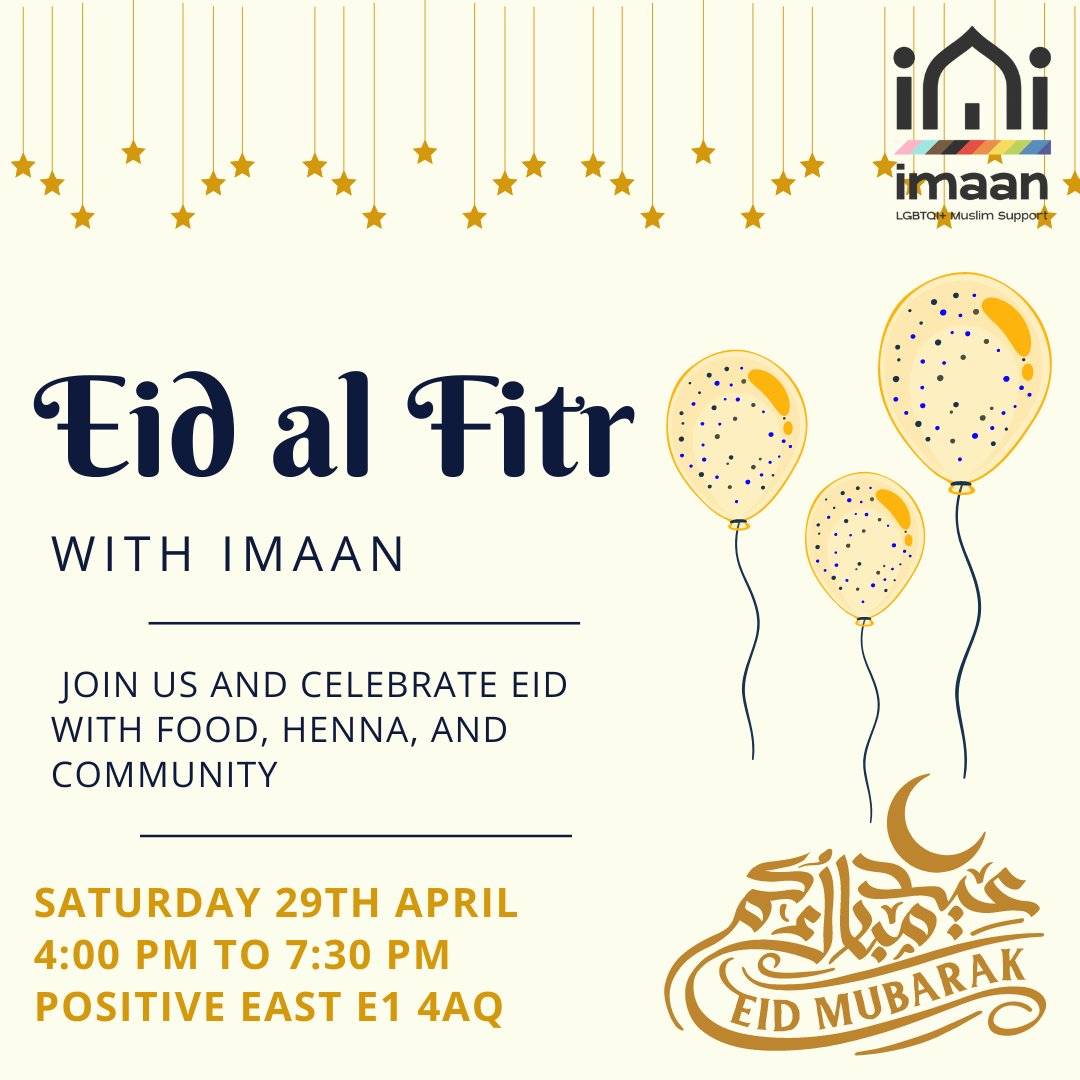 Eid Mubarak! Join us for an Eid celebration with lots of great food, henna, and community, on Sat 29th April at <a href="/PositiveEast/">Positive East</a>, 4pm-7:30pm! 
We can't wait to see all of you there!
Venue is wheelchair accessible, DM us if you have any questions! 
#EidMubarak