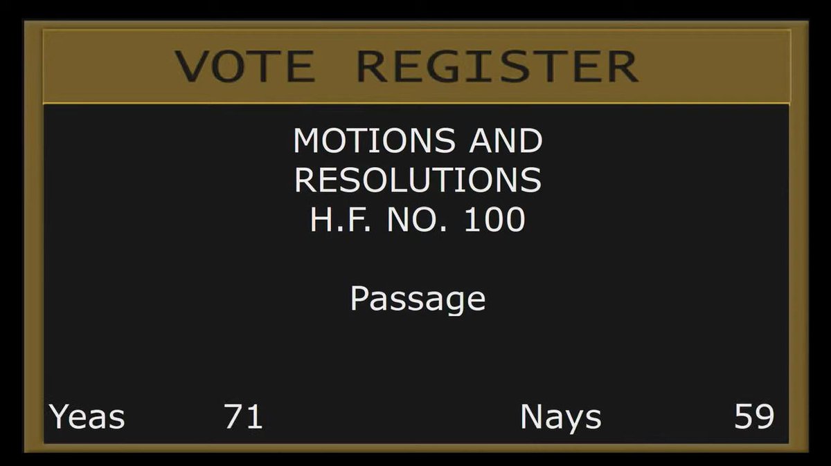 #mnhouse passes HF100, as amended, on a 71-59 vote. The bill would legalize recreational cannabis, expunge misdemeanor cannabis cases, and fund education, treatment and law enforcement programs. It now goes to the Senate. 

#mnleg