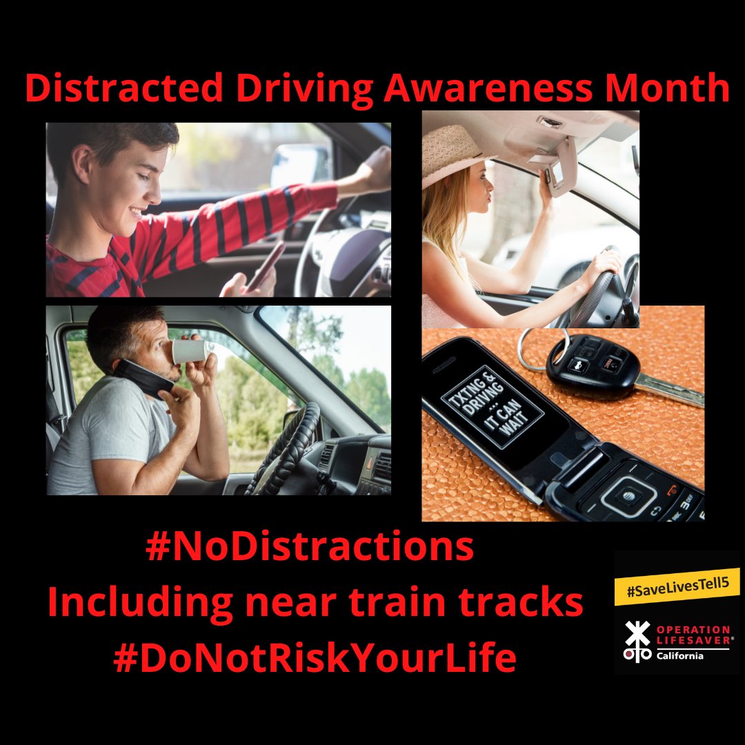 CAOpLifeSaver's tweet photo. Per @NHTSA, by driving distracted you are robbing yourself of the seconds you may need to avoid a deadly crash. Distracted Driving is dangerous and can be deadly. #StayAlert near railroad tracks. #RespectTheRails #NoDistractions #DistractedDrivingAwarenessMonth https://t.co/0dXHHMIWQ8