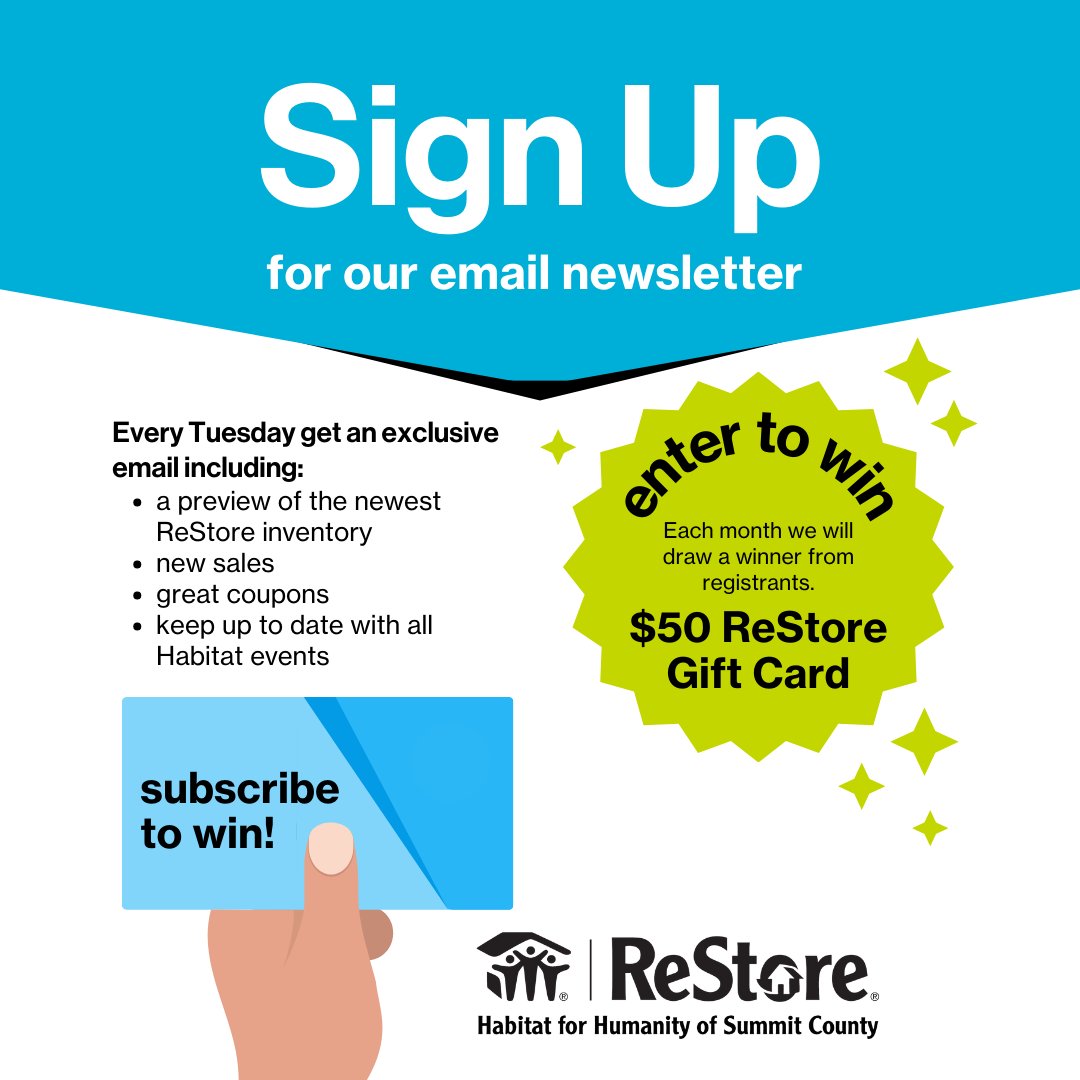 Only a couple days left in April to sign up for our Newsletter for your chance to win a $50 ReStore gift card. Each month we will be drawing a winner from the people to sign up for our email newsletter. #HFHsummitcounty #ReStore #akron hfhsummitcounty.org/restore/