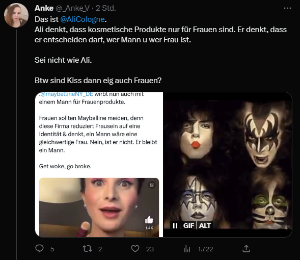 AliCologne's tweet image. Klar, wer kenn nicht Gene Simmons von KISS, der sich nach dem Schminken als Frau definierte und sich als gleichberechtigte Frau vorstellte.

Seid nicht so dumm wie Anke, seid #TeamTERF