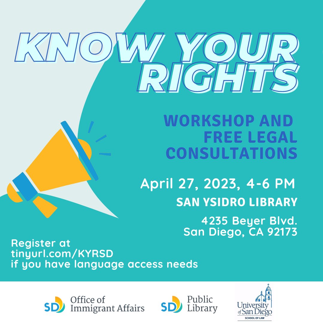 Join our #KnowYourRights ⚖️ workshop Thursday at the #SanYsidroLibrary. Learn about your rights as immigrants, dealing with ICE/CBP, possible eligibility for relief or public benefits, and limited free legal consultations📝 tinyurl.com/KYRSD <a href="/SDPublicLibrary/">San Diego Public Library</a> <a href="/uofsandiego/">USD</a>