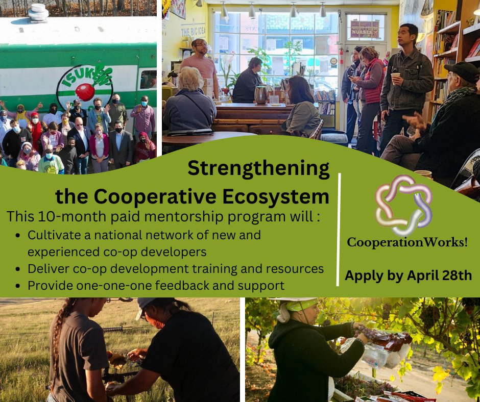 There's still time for Mentors and Mentees to apply for our 10-month paid mentorship program to strengthen the cooperative ecosystem! Learn more on our website: cooperationworks.coop/trainings/stre…
#coops #memberowned #weownit