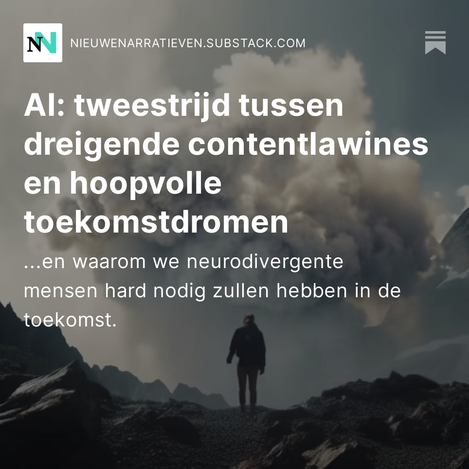 "Als dit de nieuwe wereld is die we met AI aan het creëren zijn, dan krijgen we op korte termijn een lawine van zielloze content over ons heen van ongekende omvang. Het wordt één grote race to the bottom."

Nieuw verhaal: nieuwenarratieven.substack.com/p/ai-tweestrij…