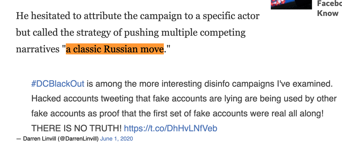 21/ Another example occurred w the #DCBlackout hoax. As Twitter exchanged emails with the FBI, describing the campaign as 'a small-scale domestic troll effort...not a significant bot or foreign angle,” Linvill described the campaign as having employed “a classic Russian move'.