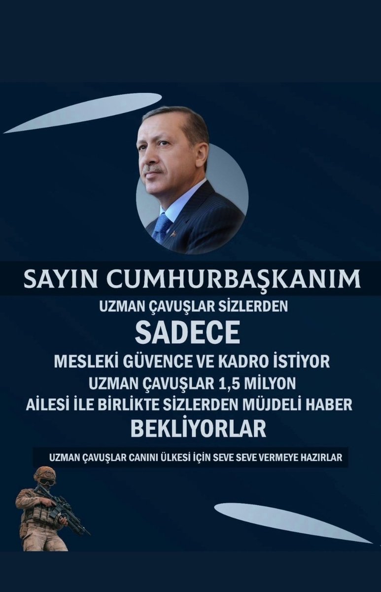 Uzman çavuşlar mesleki güvence ve özlük haklarının verilmesini bekliyor .Vatan savunmasının sözleşmesi olmaz Değerli devlet büyüklerim 37 yıllık haykırışa lütfen ses verin.
<a href="/iletisim/">T.C. İletişim Başkanlığı</a>
<a href="/RTErdogan/">Recep Tayyip Erdoğan</a>
<a href="/alitilkici38/">Ali Tilkici 🇹🇷</a> #HerkeseKadroVarUzmÇvşaYokmu