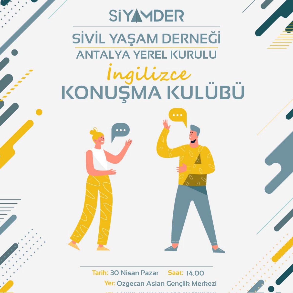 siyamderantalya's tweet photo. Sevgili Genç Arkadaşım👋

Bir "Konuşma Kulübü" ile yeniden karşındayız🥳 Bizler ile samimi bir ortamda hem İngilizceni geliştirmek hem de eğlenmek istiyorsan seni de bekliyoruz.✈️ https://t.co/4u88oZo9Jh