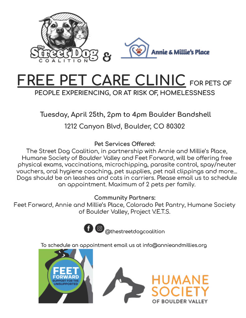 Join us for a FREE pet care clinic in partnership with <a href="/thestreetdogco/">The Street Dog Coalition</a>, Annie and Millie’s Place, <a href="/HumaneBoulder/">HumaneSocietyBoulder</a>, <a href="/COpetpantry/">Colorado Pet Pantry</a>, and @projectvets! Services include exams, vaccinations, microchipping, and more.#FreePetCareClinic #CommunityPartners