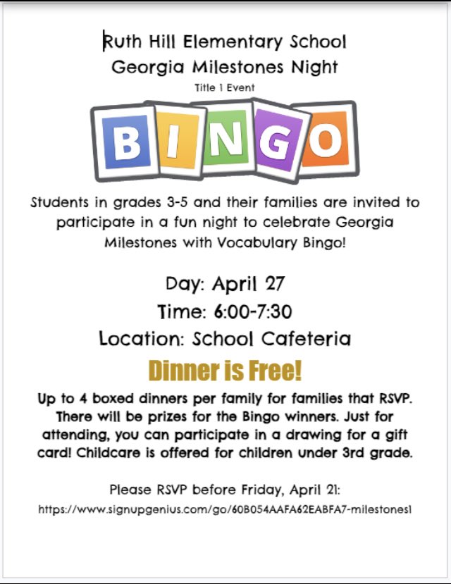 3rd, 4th, and 5th grade parents, please join us!! 4/27 @ 6:00