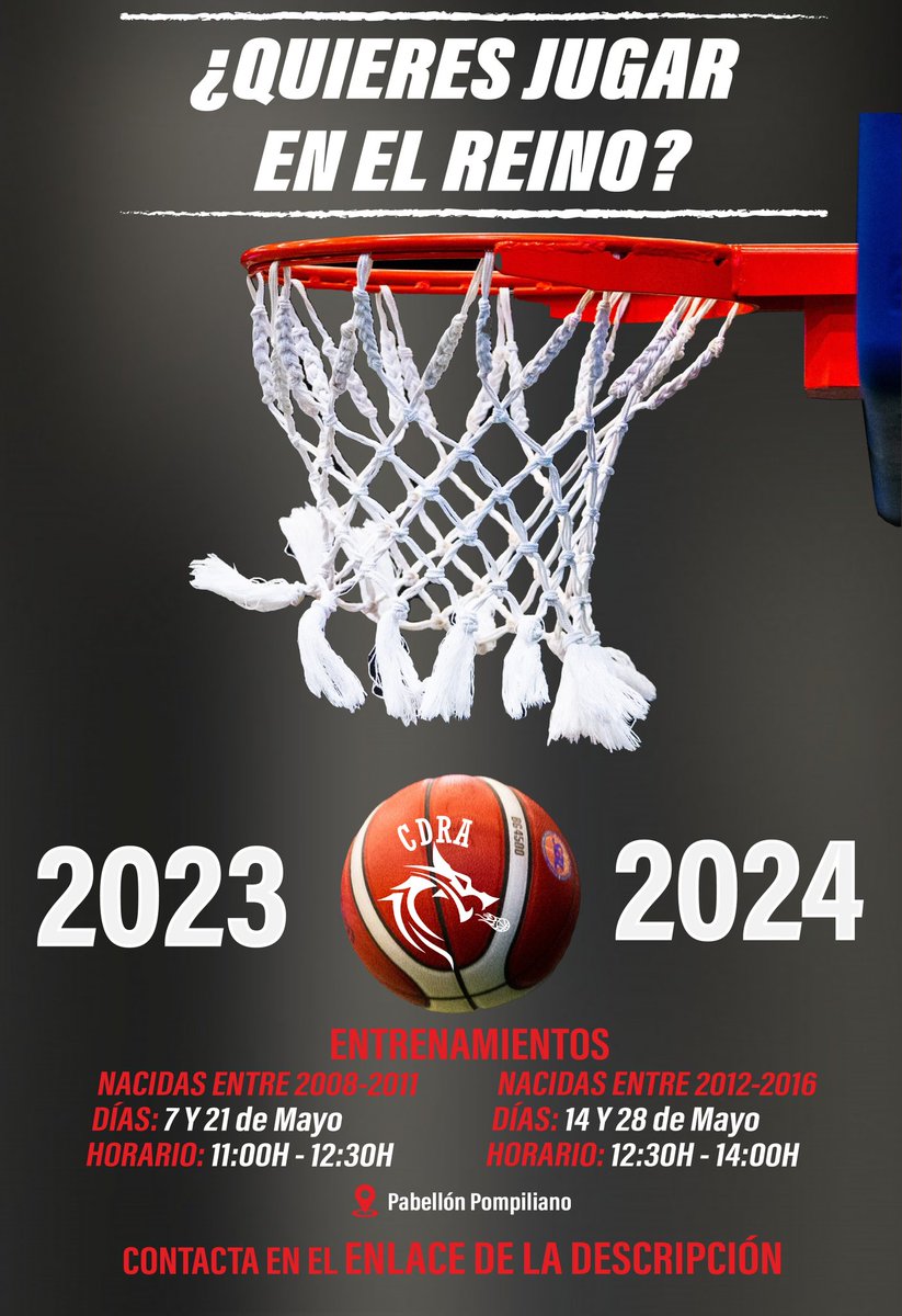 🏀 ¿Quieres jugar en el Reino la Temporada 2023-2024?
¡Ven a conocernos y a entrenar! 👇🏻

👧🏻 2008-2011
📅 Domingo 7 y 21 de mayo
⏰ 11:00-12:30

👧🏻 2012-2016
📅 Domingo 14 y 28 de mayo
⏰ 12:30-14:00

🏟️ Pompiliano 
📝 Inscripciones: forms.gle/B5CW2wzt1ijAzP…
#Temporada6 🐲