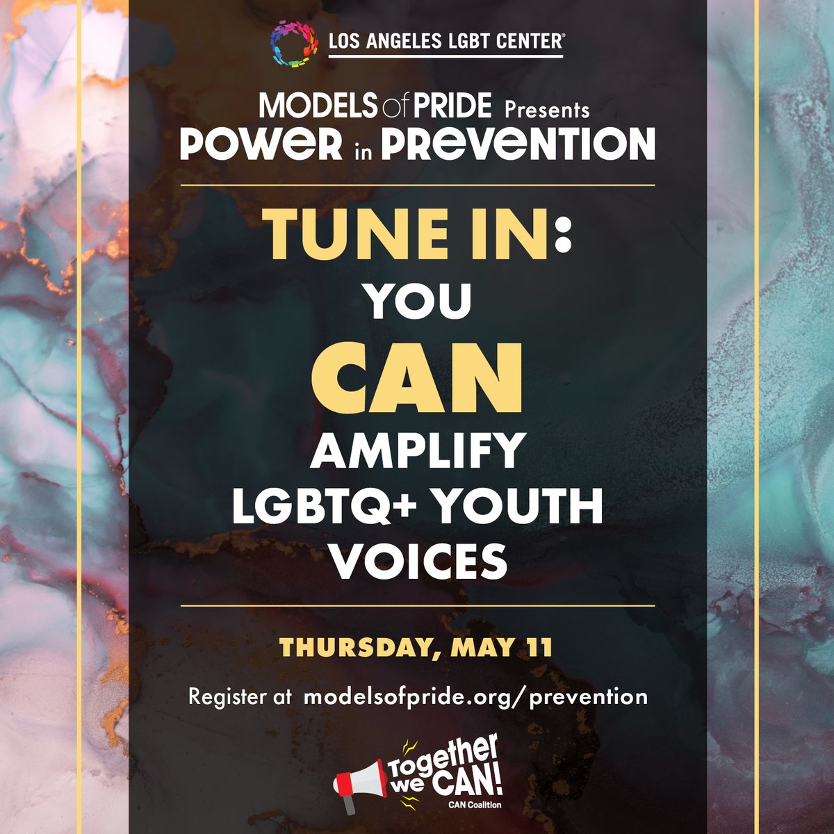 Don't miss the Los Angeles LGBT Center's 3rd annual #PowerInPrevention conference! Join us virtually on Mary 11th for workshops, speakers, and activities focused on supporting LGBTQ+ youth. 
Register now at modelsofpride.org/prevention

#TUNEIN #LGBTQYouth #ModelsOfPride #CANCoalition