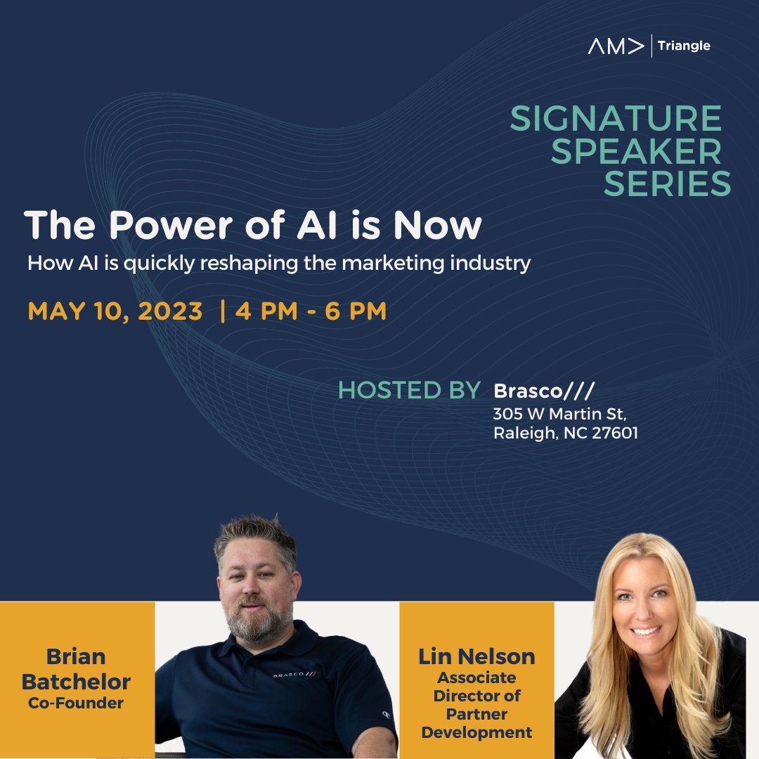 What if I told you this caption was written with #AI? The future of AI in #marketing is limitless, but so is the now. Learn about the power of AI. Brian Batchelor & Lin Nelson from @BrascoMarketing will host our next Signature Speaker Series. Register now: amatriangle.org/event/signatur…