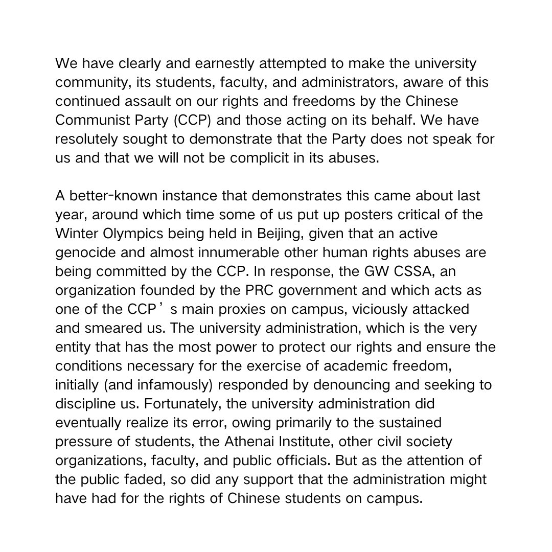GWU_ICSU's tweet photo. Joint-Statement Condemning Suppression of Chinese Students and Other Affected Communities at GW, Announcing Creation of The George Washington University Independent Chinese Student Union - 炬火-波托马克 https://t.co/lIXxHKPMBB