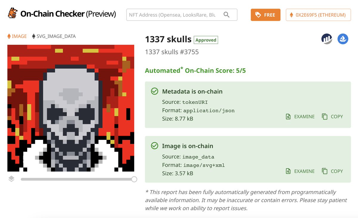 tokenfox1's tweet photo. I am excited to announce new approved listing to On-Chain Checker:
1337 skulls
Created in November 2022, 1337 skulls is a collection of 7,331 pixel art skulls with a public domain license.
Welcome onboard! ๐ @1337skulls @Indelible_Labs #OnChainChecker https://t.co/1XwL8yYtIS