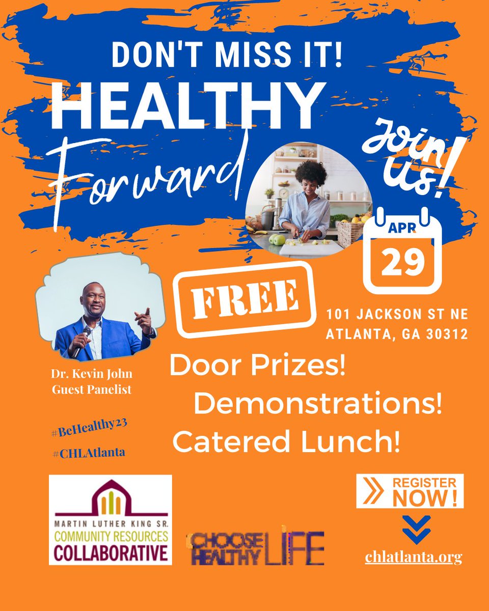 drkevjohn's tweet photo. Join me and @mlksrcrc on April 29th, 2023 for Healthy Forward, a FREE event on nutrition, fitness, and mental wellness. Panel discussions, demonstrations, door prizes, cool giveaways, and a FREE lunch! Register NOW at https://t.co/JWEpKsDavx #healthy #behealthy23 #chlatlanta https://t.co/uvCpk9Qvmk