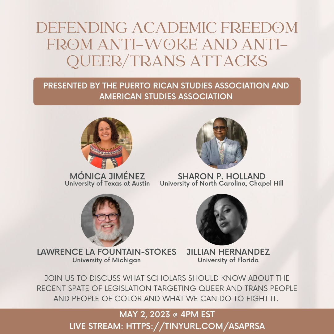 Larry La Fountain @larrylafountain dot bsky (@larrylafountain) on Twitter photo In light of the increasing pressures from and within states repressing and persecuting LGBTQ+ communities as well as critical race theories and praxis, <a href="/RicanStudies/">Puerto Rican Studies Association</a> has joined forces with the <a href="/AmerStudiesAssn/">American Studies Association</a> to hold a virtual event addressing the matter. In light of the increasing pressures from and within states repressing and persecuting LGBTQ+ communities as well as critical race theories and praxis, <a href="/RicanStudies/">Puerto Rican Studies Association</a> has joined forces with the <a href="/AmerStudiesAssn/">American Studies Association</a> to hold a virtual event addressing the matter.