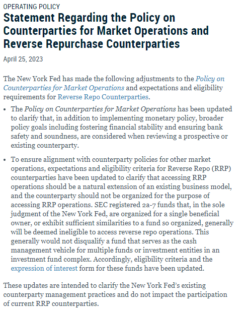 The Fed updated the eligibility rules for the ONRRP facility in ways that could deny access to stablecoins

• RRP access should be "a natural extension of an existing business model" 

• SEC registered 2a-7 funds organized for a "single beneficial owner" won't be eligible