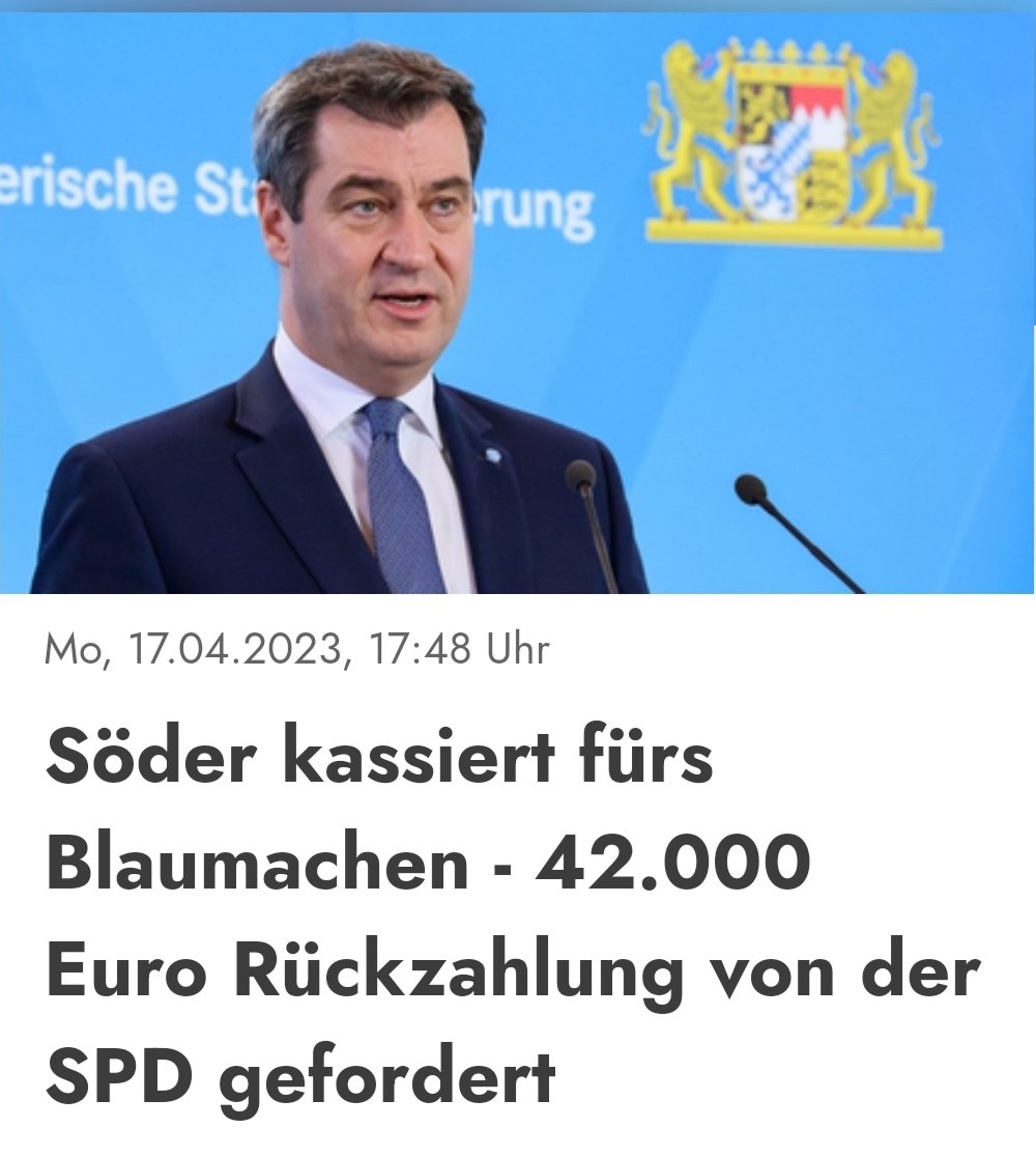 Markus #Söder soll 42.000€ zurückzahlen.

Weil der Ministerpräsident lieber von einem Volksfest zum nächsten Besäufnis tingelt, schaffte er es in 2022 nur zu 5 von 30 Landtagssitzungen.

Die monatlichen 4222,50€ vom Landtag hat der <a href="/CSU/">CSU</a>-Vorsitzende trotzdem bezog.
/PM