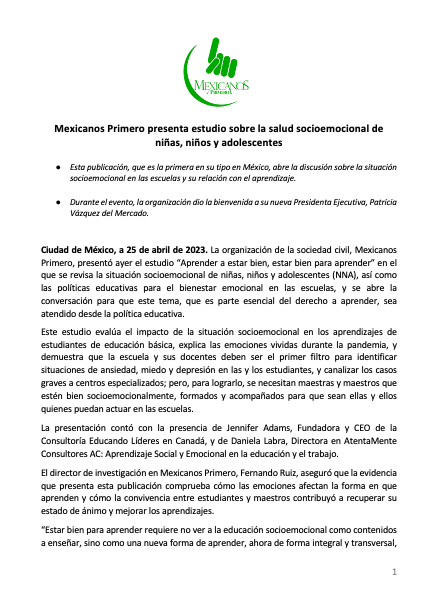 Mexicanos1o's tweet photo. En Mexicanos Primero publicamos el estudio “Aprender a estar bien, estar bien para aprender” -primero en su tipo-, que revisa la situación socioemocional de niñas, niños y adolescentes (NNA), así como las políticas educativas para el bienestar emocional en las escuelas. (cont.) https://t.co/paYkoiWavW