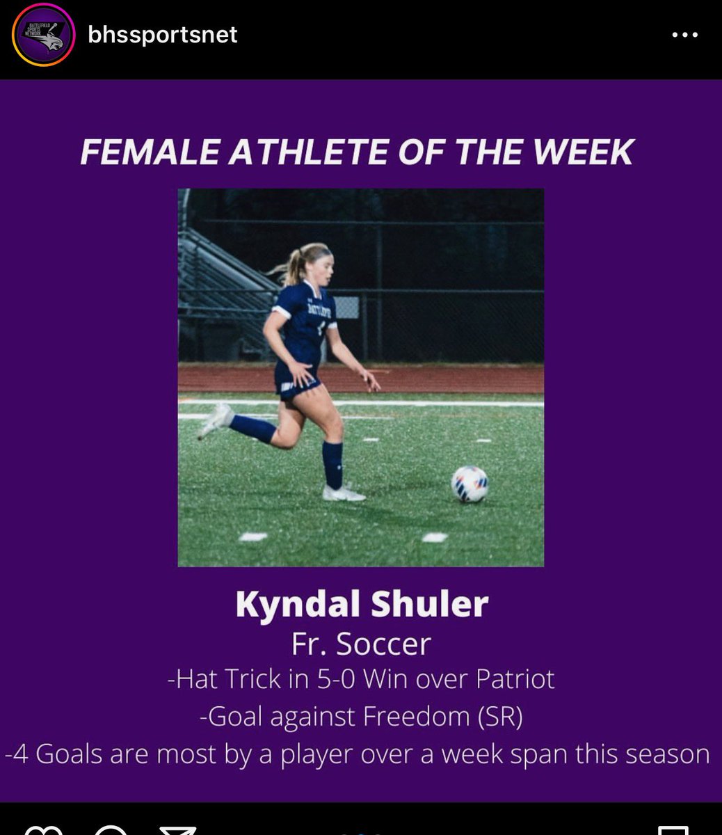 Honored to be recognized as Female Athlete of the week especially among so many talented female athletes @Battlefieldhighschool