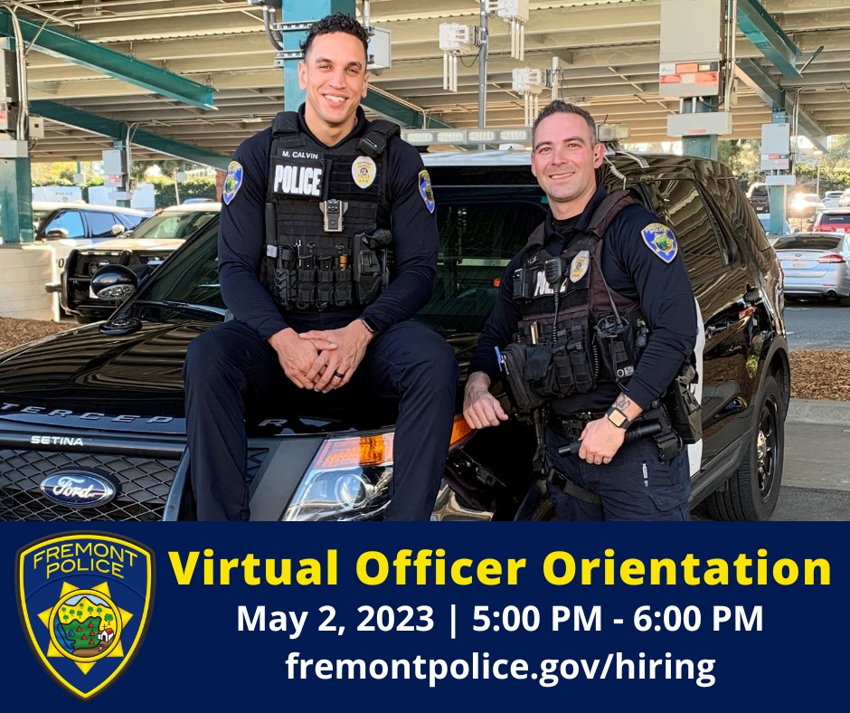 FremontPD's tweet photo. Our Virtual Officer Orientation has been rescheduled to Tuesday, May 2 at 5pm. Our Personnel and Recruitment Unit, along with Human Resources, will be on hand to answer your questions about the hiring process.

Register in advance for this webinar:
https://t.co/R4HTMMrUbs https://t.co/OqxDeGhTgu