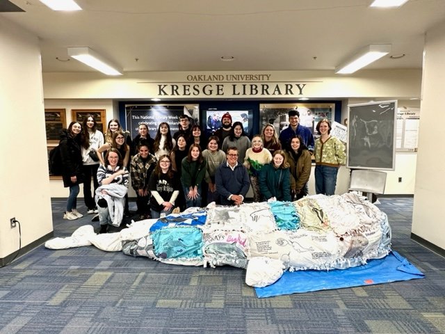 OULibraries's tweet image. Congrats to Professor Jeff Insko and his students from ENG 3681, Literature and the Environment, for creating a "whale" of a cool project. "Ishwhale" is stuffed with plastic and symbolizes the impact that humans have on the environment. Come see him in the library lobby this May!