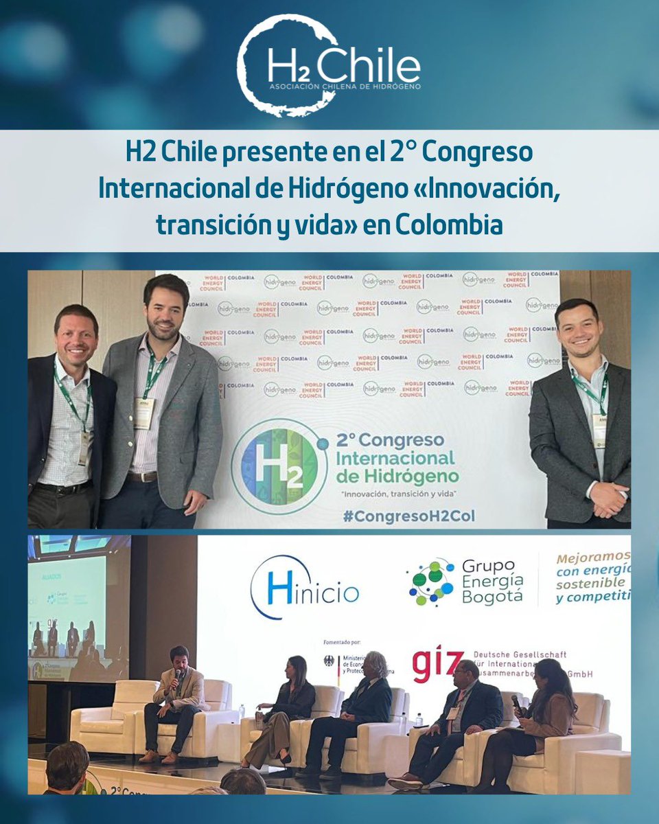 h2_chile's tweet photo. El director ejecutivo de #H2Chile, @kulka_marcos, el presidente del gremio, Hans Kulenkampff, y el tesorero del directorio, Juan Pablo Zúñiga, en el 2° Congreso Internacional de Hidrógeno “Innovación, transición y vida”, organizado por la Asociación de Hidrógeno Colombia. https://t.co/zsAPPGAdkE