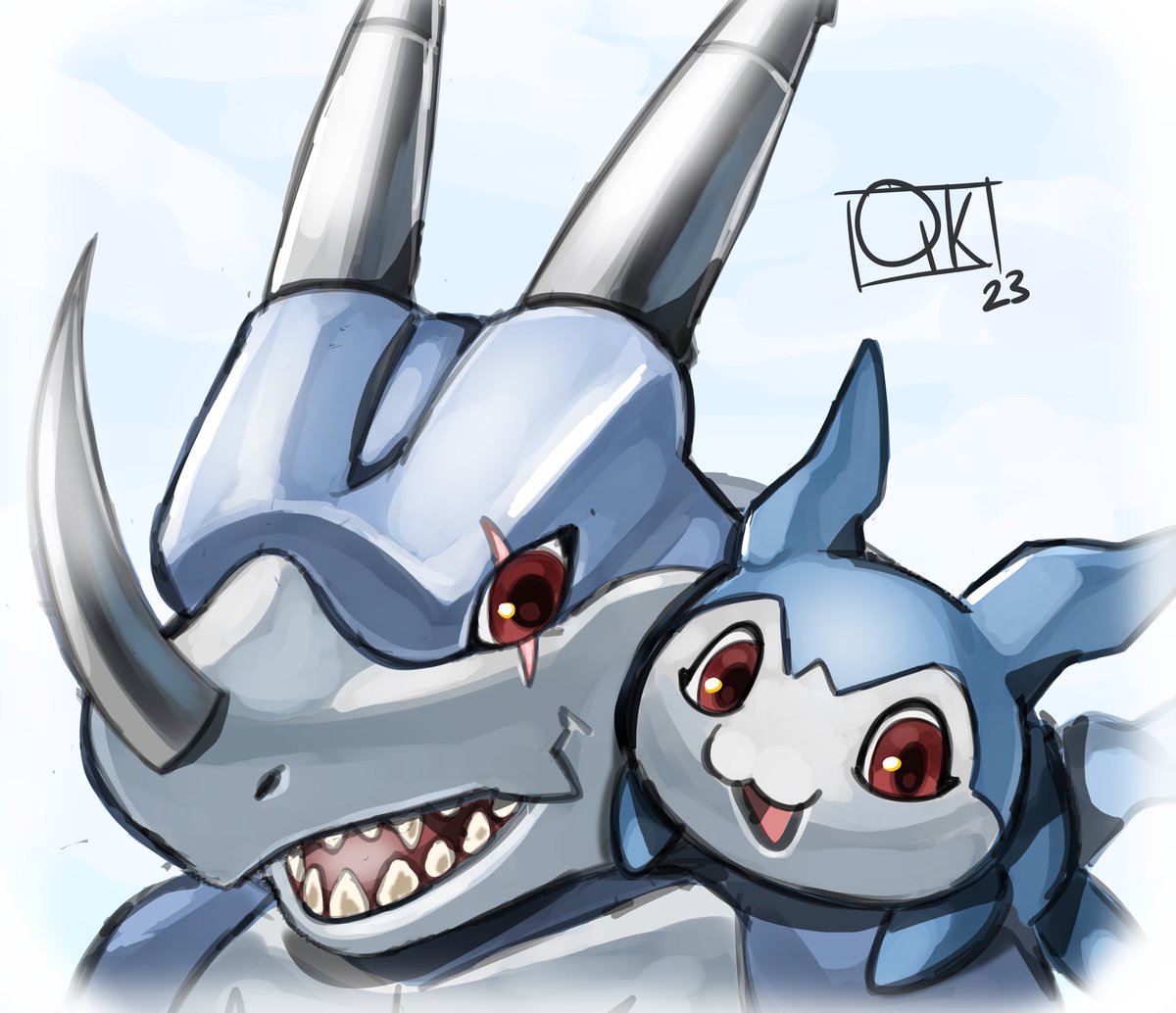 ranksyQK's tweet image. Digimon colored sketch of Veedramon and Demiveemon