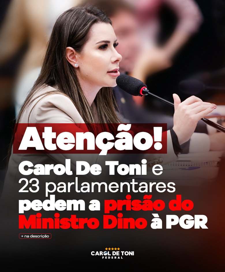CarolDeToni's tweet photo. Sou coautora, com 23 deputados da oposição, do pedido de afastamento e prisão preventiva do Ministro da Justiça de Lula, Flávio Dino.

A notícia-crime foi apresentada ontem, ao Procurador-Geral da República. Há diversos indícios de que Dino tinha conhecimento prévio das ⤵️ https://t.co/2GHJlblnyR