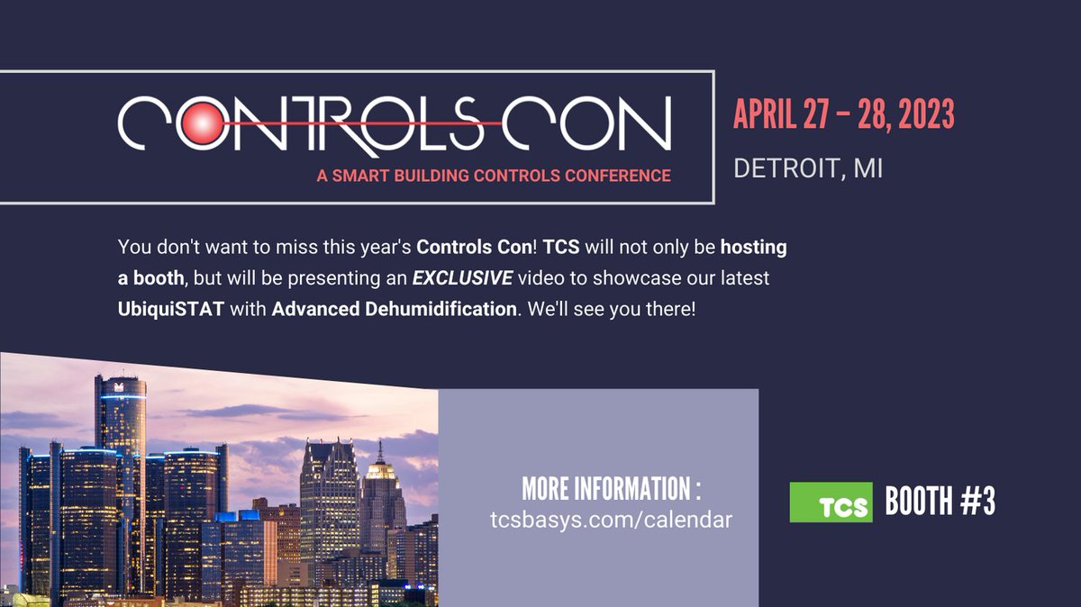 TCSBasys's tweet photo. We're excited to be attending this year's Controls Con! We will be hosting a booth &amp; showcasing an exclusive video on our latest UbiquiSTAT w/ Advanced Dehumidification. You don't want to miss it! 

Come see us at Booth #3

Info: https://t.co/EB1couIor8

#ControlsCon2023 #HVAC https://t.co/N49j4si0WQ