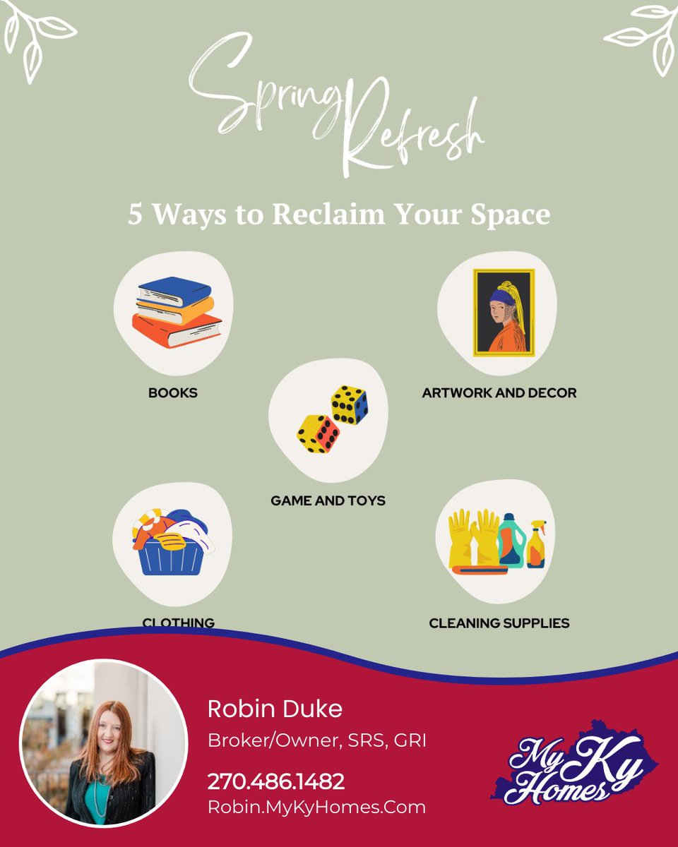 MyKyRealtor's tweet image. Here are some household items you can sort through to free up some space in your home:

👕 Clothes
📚 Books
🎲 Games and Toys
🎨 Artwork and Decor
🧹 Cleaning Supplies

Let's get started and make some room in our homes!

#springrefresh #reclaimyourspace #donate