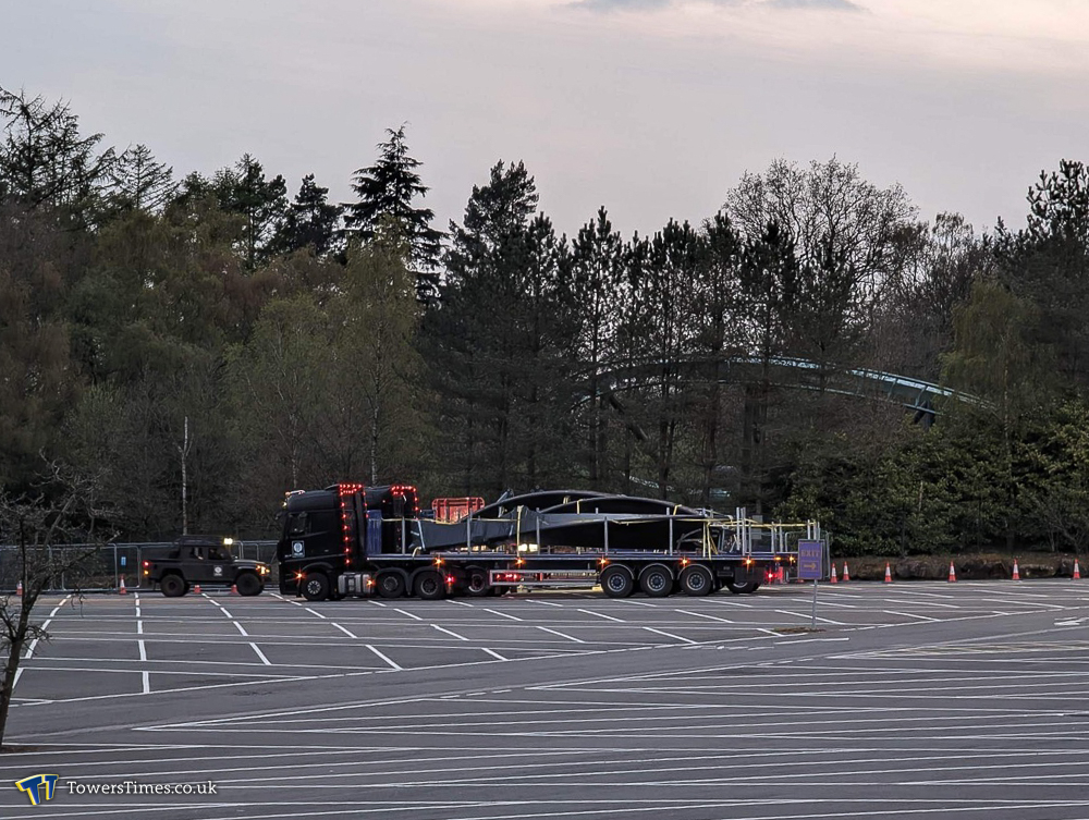TowersTimes's tweet photo. After departing from an undisclosed location, the Phalanx convoy has now reached @altontowers , with operatives guarding the first sections of Nemesis' new track to arrive at the Resort!

#SeekTheTruth https://t.co/JzeTdJXaRw