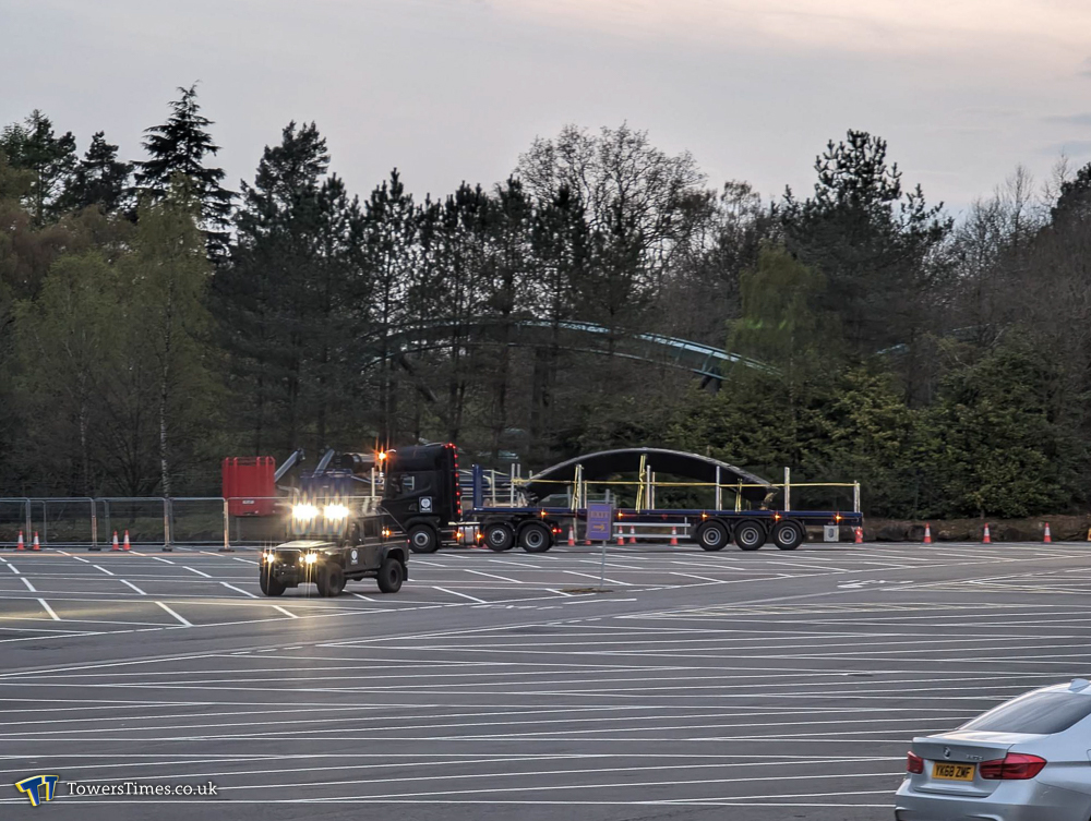 TowersTimes's tweet photo. After departing from an undisclosed location, the Phalanx convoy has now reached @altontowers , with operatives guarding the first sections of Nemesis' new track to arrive at the Resort!

#SeekTheTruth https://t.co/JzeTdJXaRw