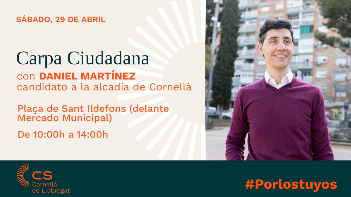 🤝Te esperamos este sábado en la carpa ciudadana en Plaza San Ildefonso

👉Acércate y conoce nuestro proyecto para #Cornellà 

📅 Sábado, 29 de abril 
🕛 De 10:00 a 14:00h
📍 Plaza San Ildefonso

#Políticaútil #Porlostuyos