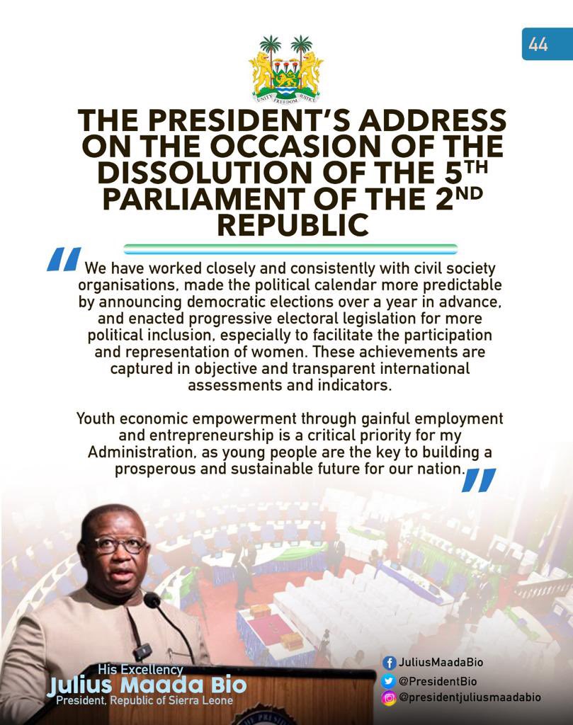 julius_maadabio's tweet photo. Excerpts of my Message on the Occasion of the Dissolution of the Fifth Parliament of the Second Republic of Sierra Leone: 25/04/2023
#TheNewDirectionAgenda
#SLPP4DEVELOPMENT
#5Done5MoreToGo https://t.co/Xq3GuNrBqk
