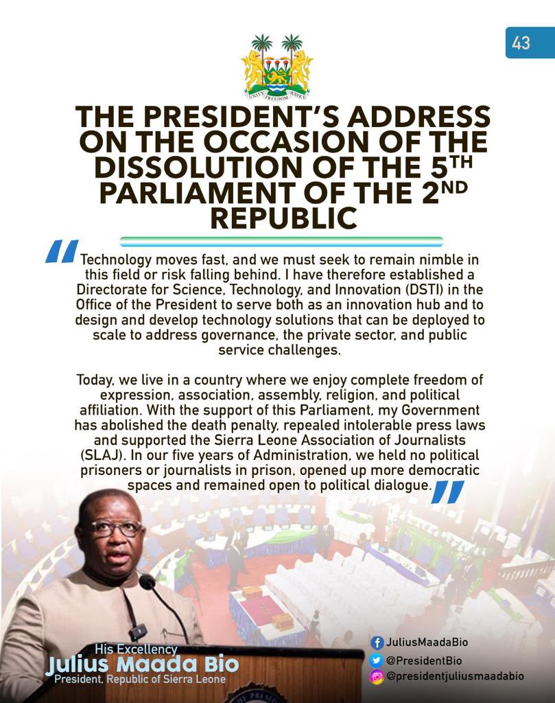 julius_maadabio's tweet photo. Excerpts of my Message on the Occasion of the Dissolution of the Fifth Parliament of the Second Republic of Sierra Leone: 25/04/2023
#TheNewDirectionAgenda
#SLPP4DEVELOPMENT
#5Done5MoreToGo https://t.co/Xq3GuNrBqk