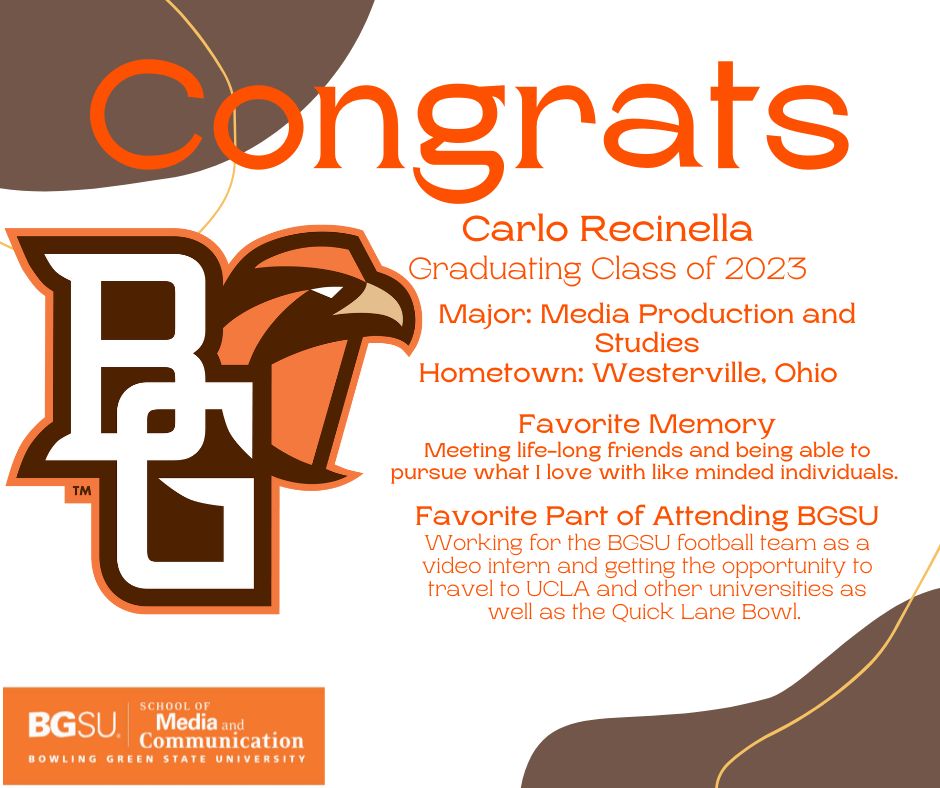 SMCBGSU's tweet photo. #BGSUSMC #GraduateSpotlight Congratulations to Carlo Recinella! Carlo's favorite memory about @BGSU is working as a video intern for the BGSU football team. https://t.co/jT2dqIv5CG