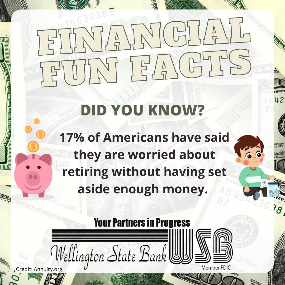 WSB1906's tweet photo. If you're part of the 17% of Americans who are concerned about retirement, you may consider connecting with a financial advisor to help plan your financial future. 
#YourPartnersInProgress #FinancialLiteracyMonth https://t.co/Z5K0RGd9hT