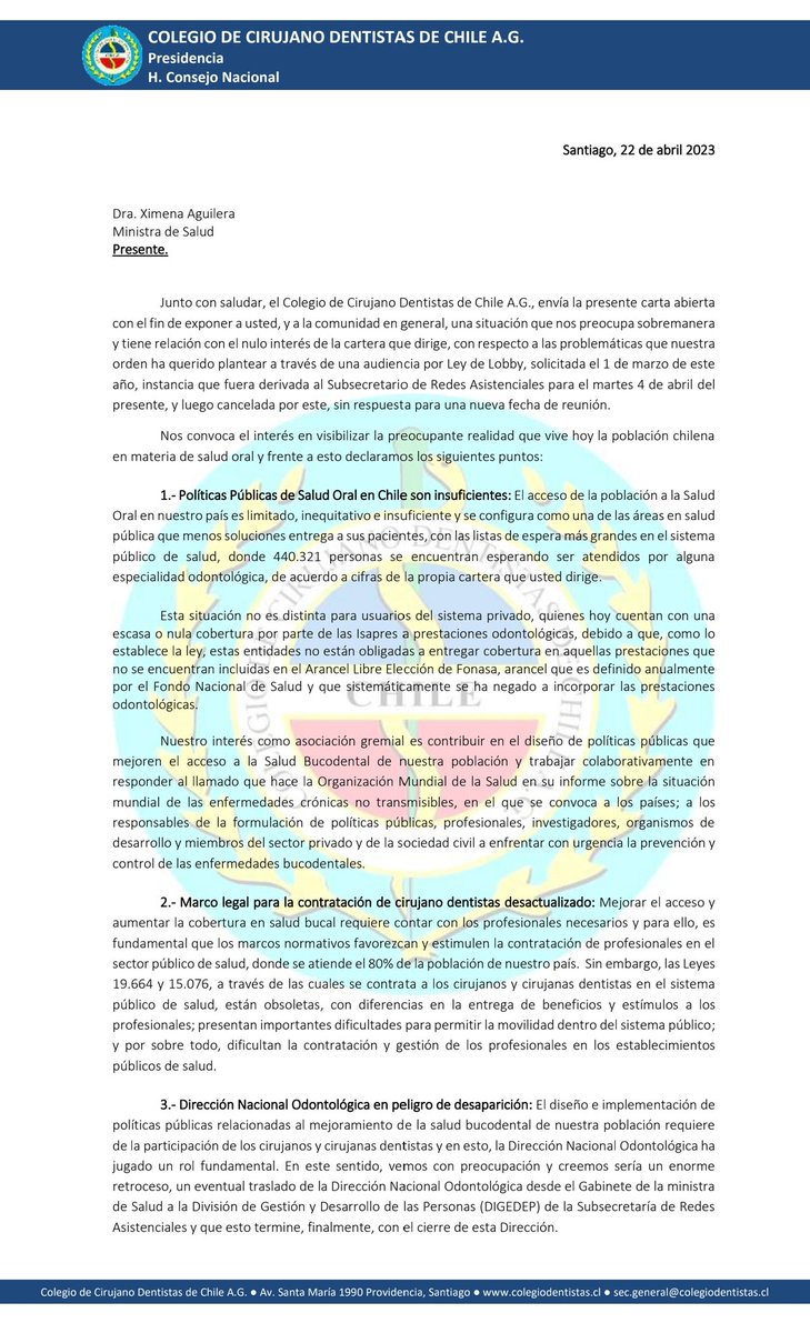 cdentistaschile's tweet image. CARTA ABIERTA

El Colegio de Cirujano Dentistas de Chile A.G. envió una carta abierta a la Ministra de Salud, Dra. Ximena Aguilera, a raíz del nulo interés de la cartera en resolver los principales problemas que afectan a nuestra área.