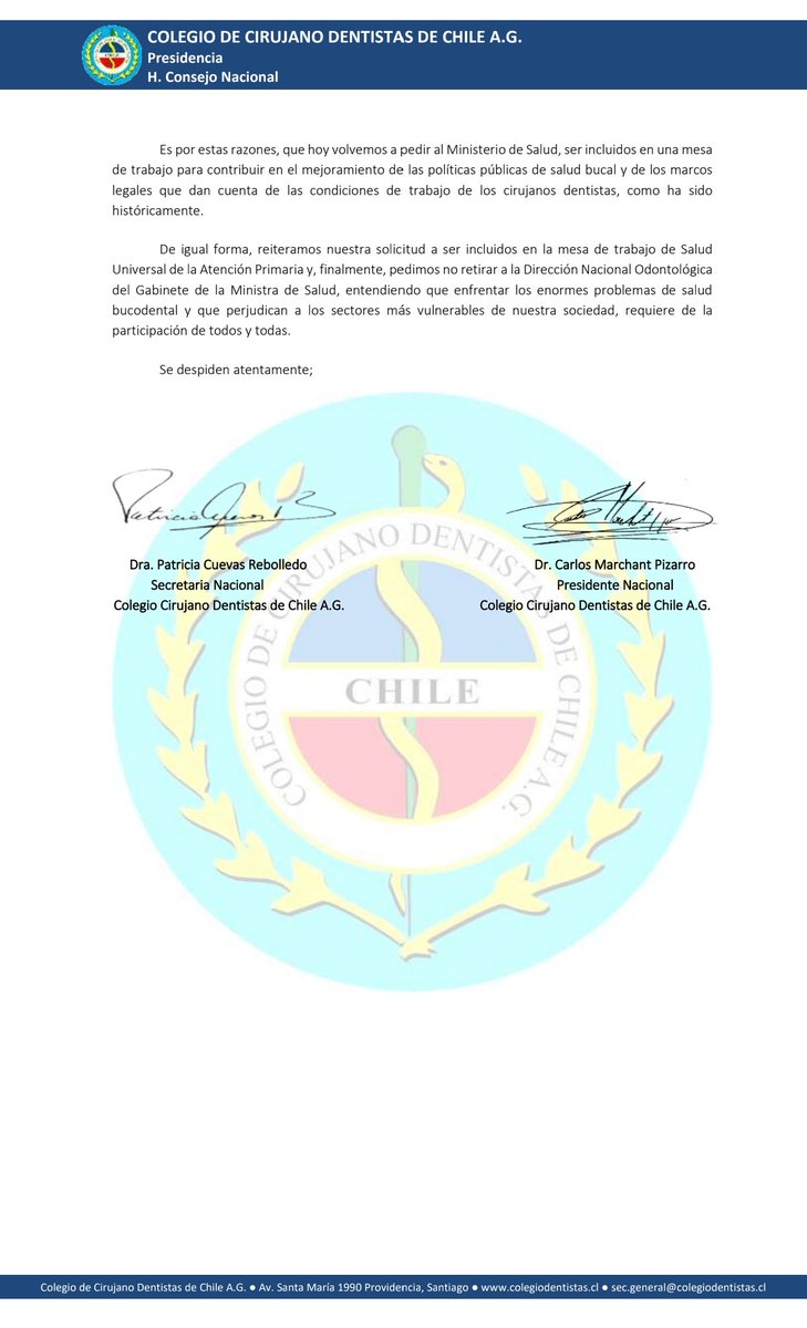 cdentistaschile's tweet image. CARTA ABIERTA

El Colegio de Cirujano Dentistas de Chile A.G. envió una carta abierta a la Ministra de Salud, Dra. Ximena Aguilera, a raíz del nulo interés de la cartera en resolver los principales problemas que afectan a nuestra área.