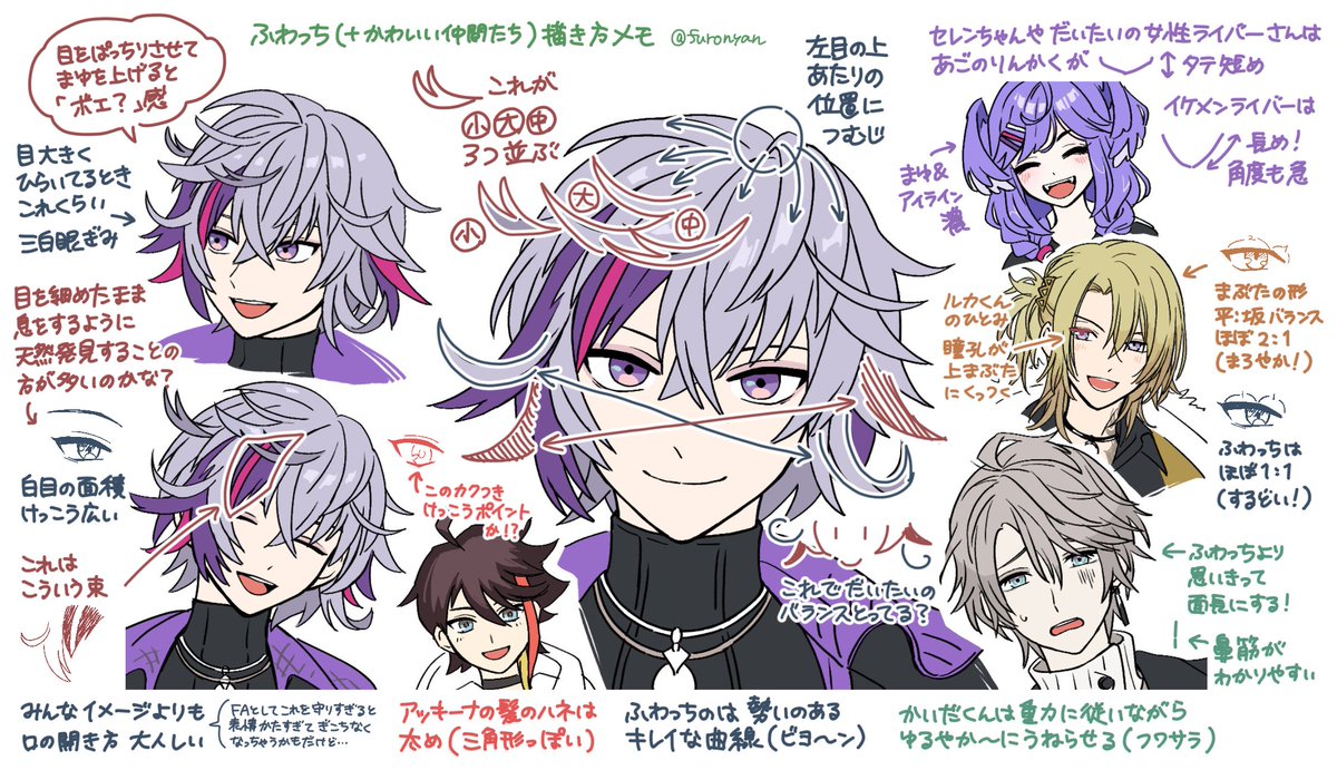 にじさんじ不破湊くんの描き方プチ研究メモ追記(造形比較の補足)
・三枝明那くんとはアイラインが案外似てる
・ルカ・カネシロくんはもっとアイラインがおっとり
・甲斐田晴くんとはびっくりするくらい顔の縦幅が違う
・けどやっぱりセレンちゃん(というか女性ライバーさん達)よりはずっと顎尖ってる 