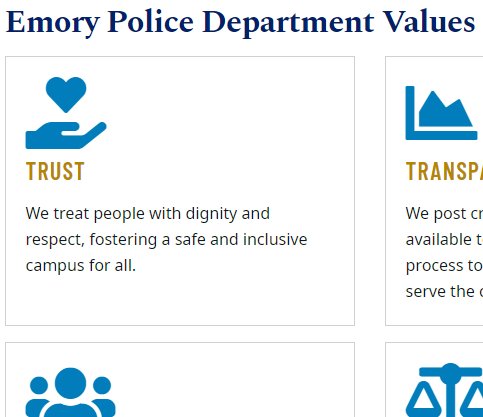 Would @emorypolice care to explain how your actions last night - including the involvement of APD, the display of force, and the overall posture of intimidation - were in line with your stated value of trust?  

'We treat people with dignity and respect'

h/t @atlanta_press