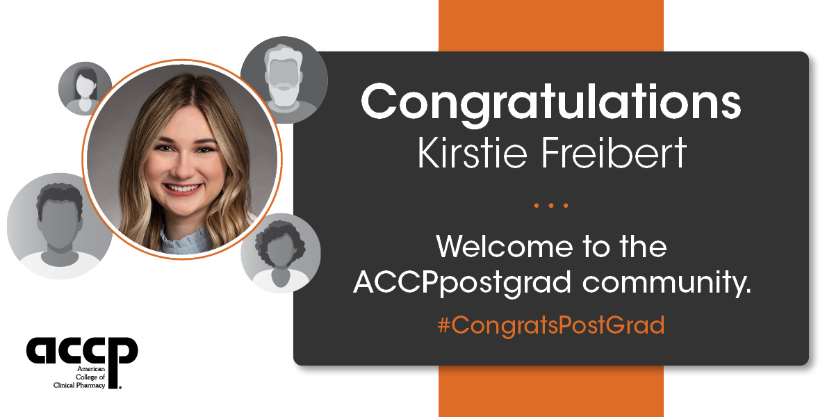 ACCPpostgrads's tweet photo. Congratulations Kirstie Freibert! The @ACCPpostgrads community looks forward to supporting your pursuit of PGY2 solid organ transplant pharmacy residency training at @OchsnerHealth. #CongratsPostGrad #RxMatch2023 https://t.co/onlWbs8XI7