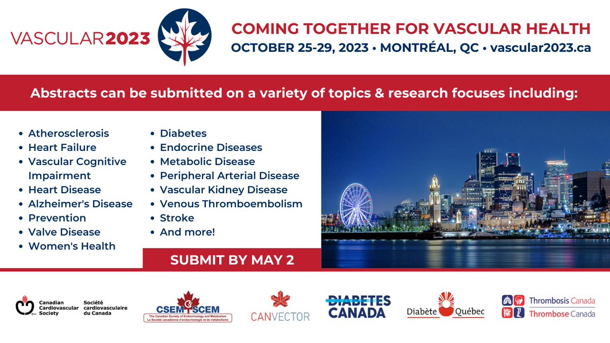 SCC_CCS's tweet image. #ICYMI... we&apos;re accepting abstracts on a wide range of topics &amp;amp; research focuses for #VASC23. Visit vascular2023.ca for complete details and to begin your submission. ⏰ Time is running short! The #CallForScience closes on Tuesday, May 2 @ 12 noon EDT. #CCCongress