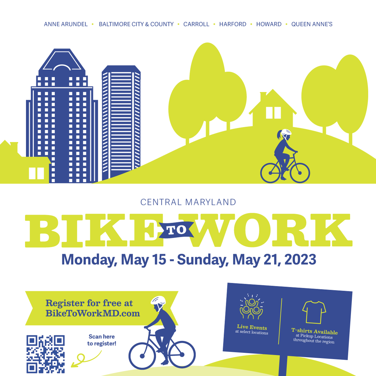 Bike2WorkMD's tweet image. Posters for Bike to Work 2023 have been delivered and are set for distribution around the region. If you see one posted in your favorite cafe or bike shop, share a pic to show some love, and tell your friends to scan and register! Special thanks again to our sponsors.
