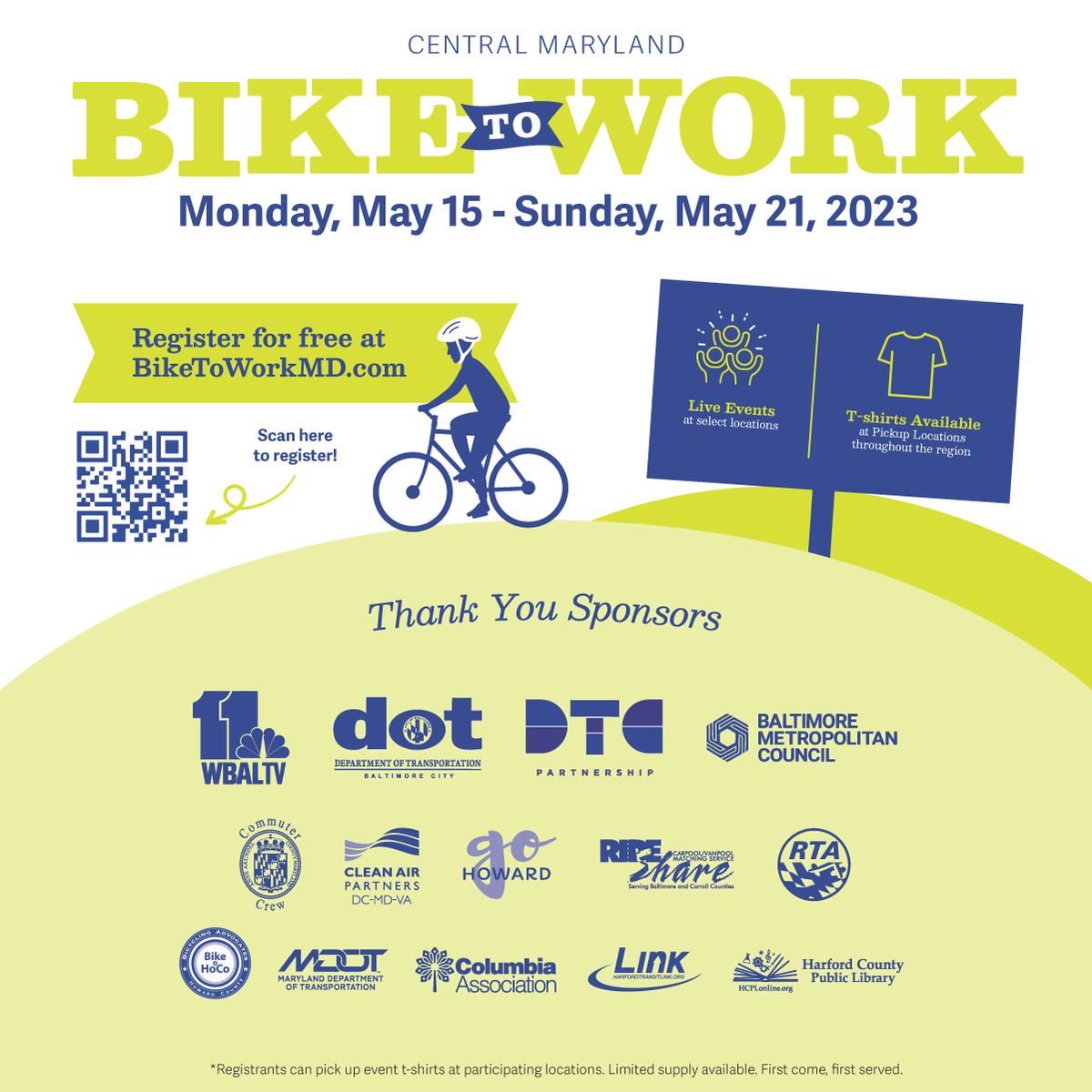 Bike2WorkMD's tweet image. Posters for Bike to Work 2023 have been delivered and are set for distribution around the region. If you see one posted in your favorite cafe or bike shop, share a pic to show some love, and tell your friends to scan and register! Special thanks again to our sponsors.